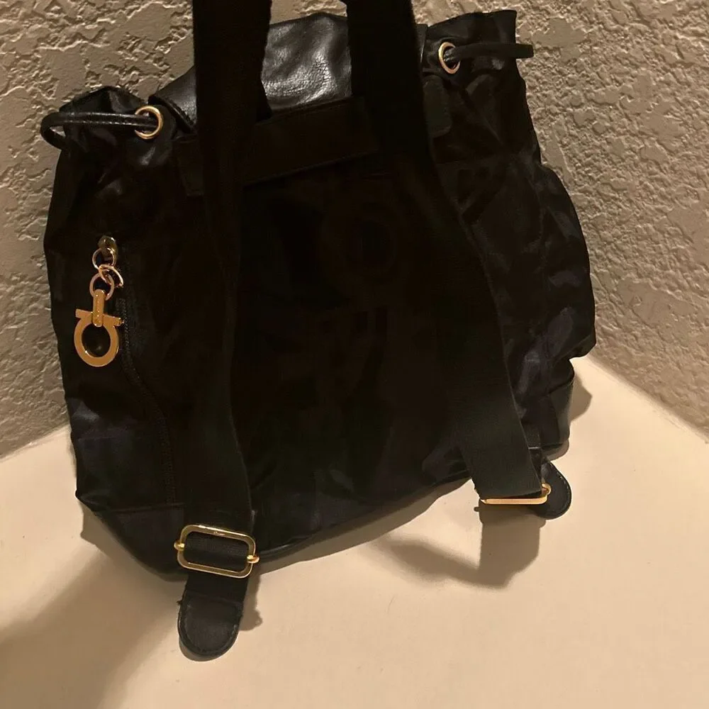 Vintage Salvatore Ferragamo Mini Backpack Black Nylon Leather Gancini Accents